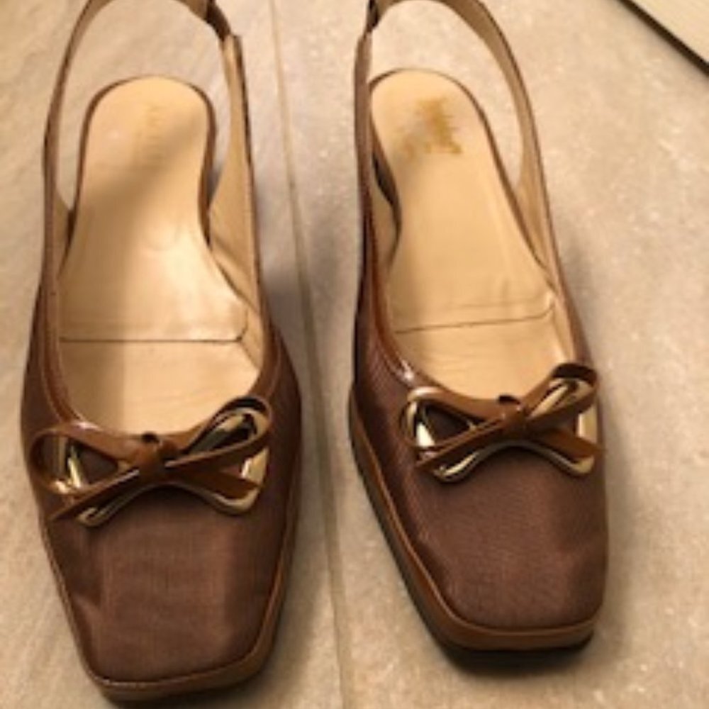 Amalfi Brown Leather Slingback Heels with Bow Trim